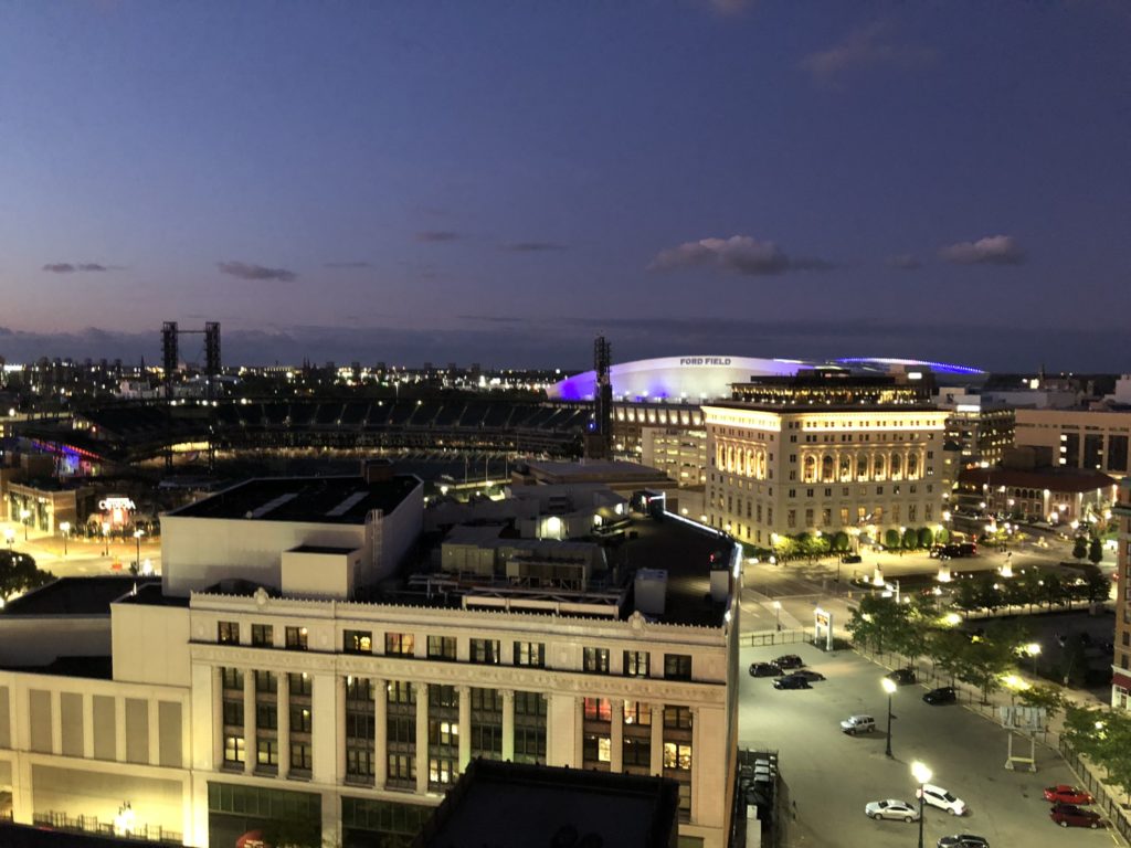 The skyline of downtown detroit lit up at night 